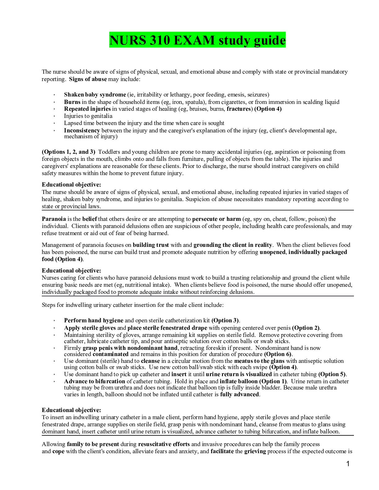 Preview image of NURS 310 EXAM study guide document